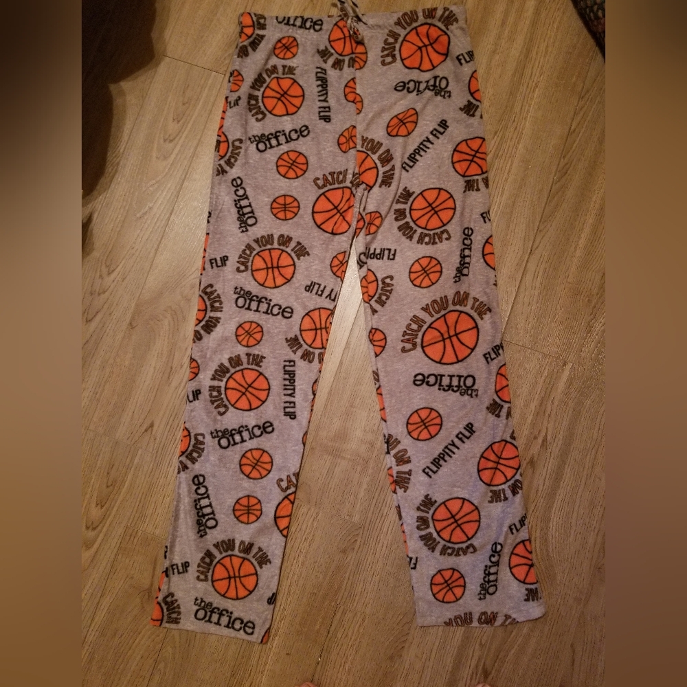 Womens fleece pajama bottom in grey and orange The Office motif